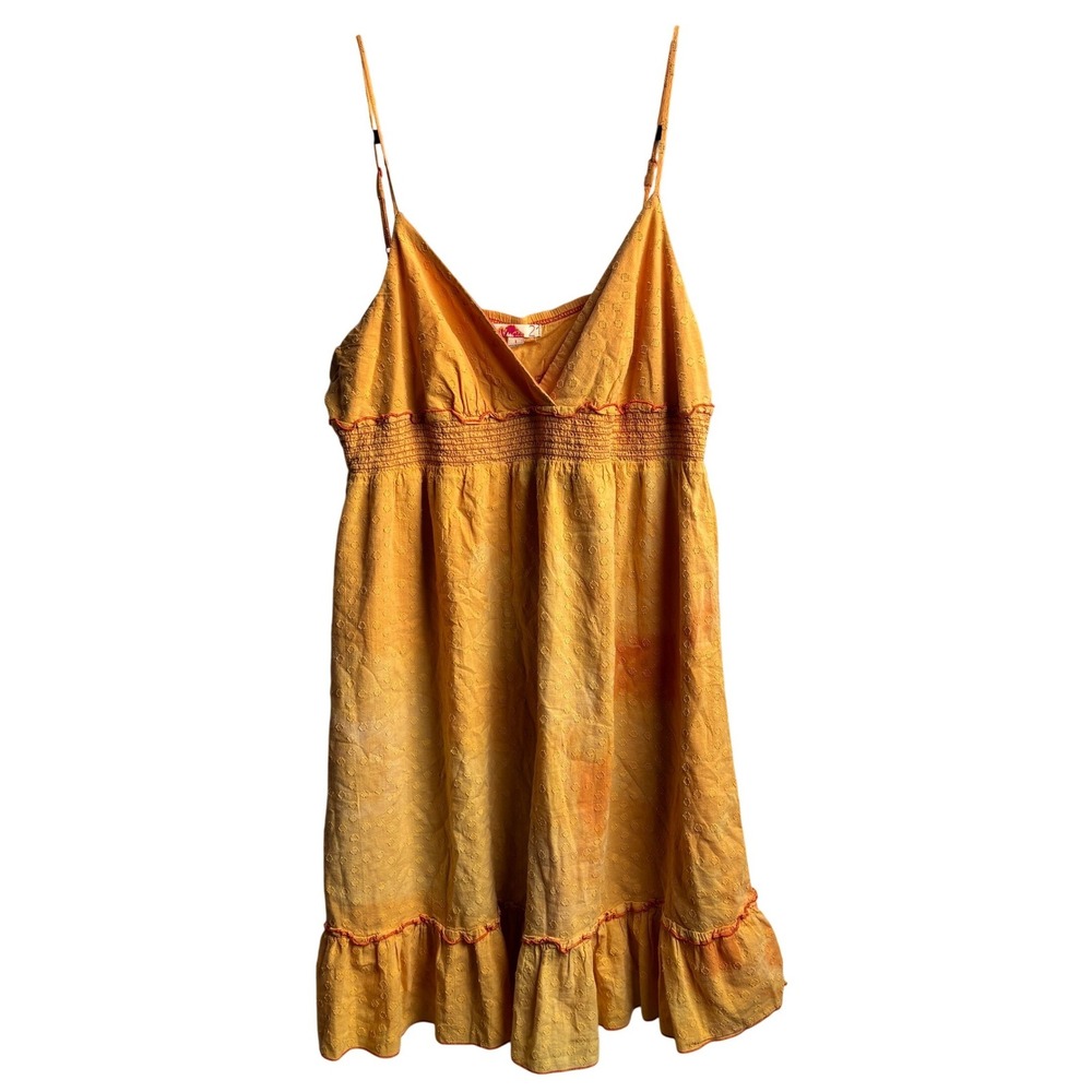 VTG Y2K Babydoll Mini Dress L Tangerine Orange Tie Dye Swiss Dot Coquette Bright